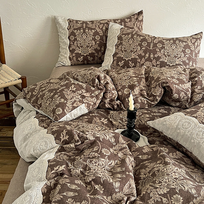 91家纺网 家纺一手货源 找家纺 梦纤绒 2025秋冬新品A类高克重亚麻复古全棉花边侘寂风原麻系列 墨染青筠-咖