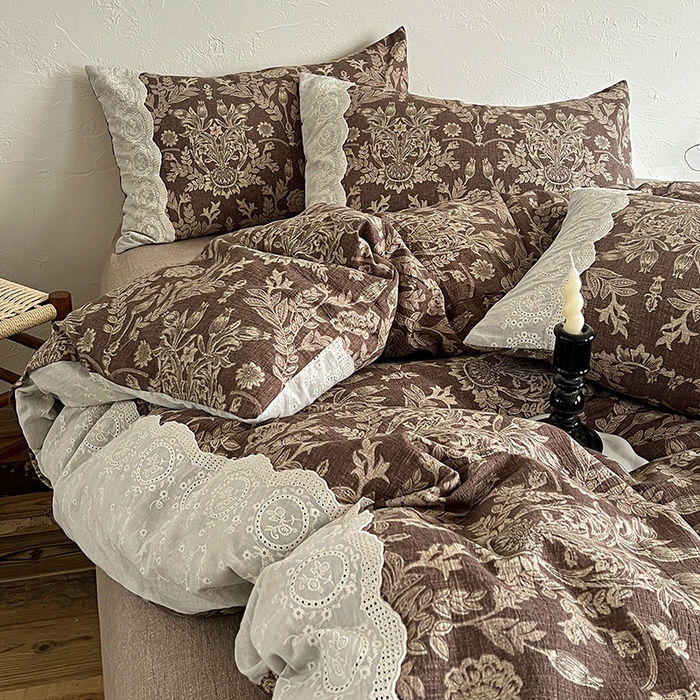 91家纺网 家纺一手货源 找家纺 梦纤绒 2025秋冬新品A类高克重亚麻复古全棉花边侘寂风原麻系列 墨染青筠-咖