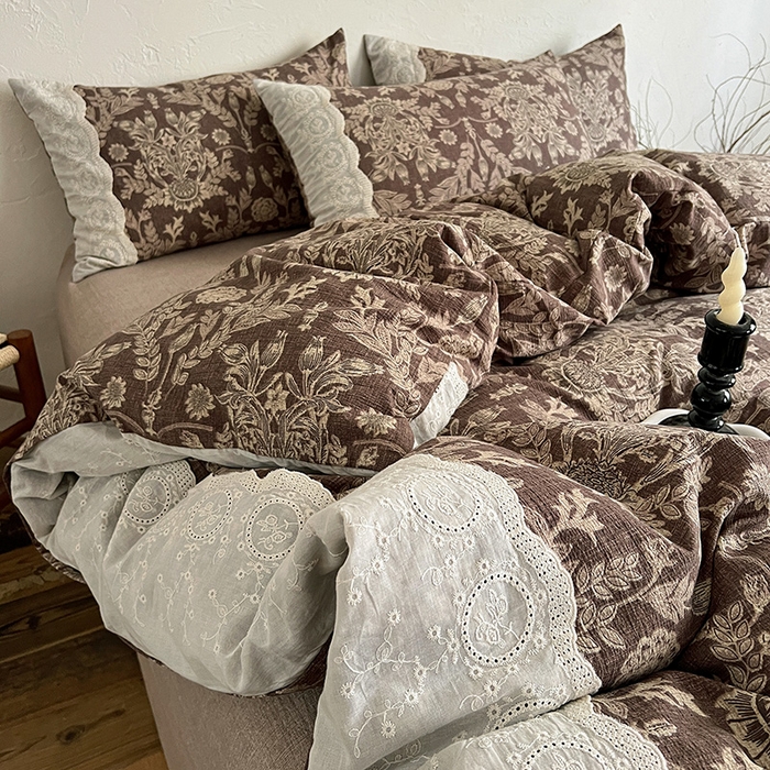 91家纺网 家纺一手货源 找家纺 梦纤绒 2025秋冬新品A类高克重亚麻复古全棉花边侘寂风原麻系列 墨染青筠-咖