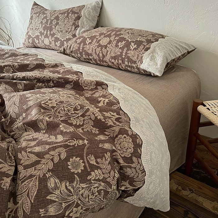 91家纺网 家纺一手货源 找家纺 梦纤绒 2025秋冬新品A类高克重亚麻复古全棉花边侘寂风原麻系列 墨染青筠-咖