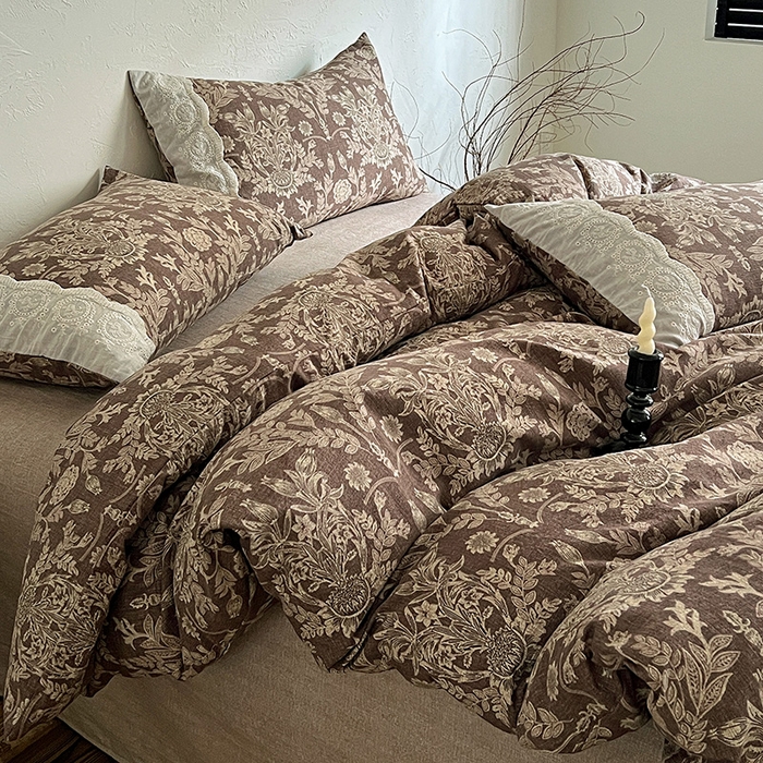 91家纺网 家纺一手货源 找家纺 梦纤绒 2025秋冬新品A类高克重亚麻复古全棉花边侘寂风原麻系列 墨染青筠-咖