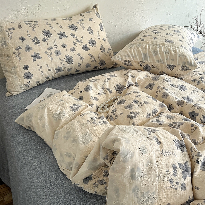 91家纺网 家纺一手货源 找家纺 梦纤绒 2025秋冬新品A类高克重亚麻复古全棉花边侘寂风原麻系列 秋屿-蓝