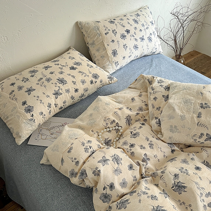 91家纺网 家纺一手货源 找家纺 梦纤绒 2025秋冬新品A类高克重亚麻复古全棉花边侘寂风原麻系列 秋屿-蓝