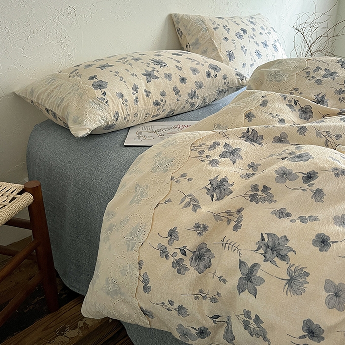 91家纺网 家纺一手货源 找家纺 梦纤绒 2025秋冬新品A类高克重亚麻复古全棉花边侘寂风原麻系列 秋屿-蓝