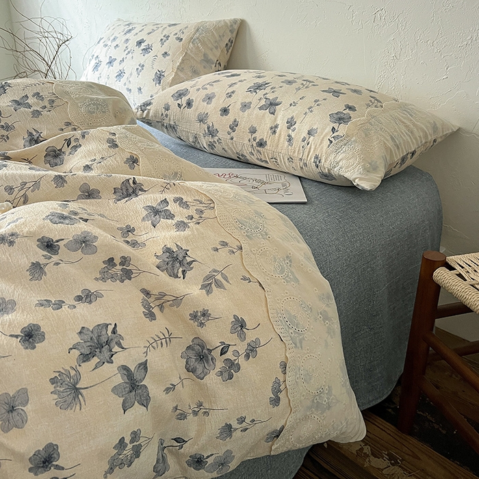 91家纺网 家纺一手货源 找家纺 梦纤绒 2025秋冬新品A类高克重亚麻复古全棉花边侘寂风原麻系列 秋屿-蓝