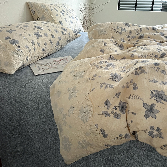 91家纺网 家纺一手货源 找家纺 梦纤绒 2025秋冬新品A类高克重亚麻复古全棉花边侘寂风原麻系列 秋屿-蓝