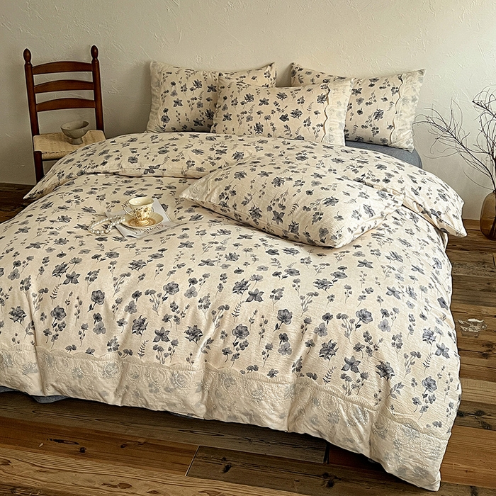 91家纺网 家纺一手货源 找家纺 梦纤绒 2025秋冬新品A类高克重亚麻复古全棉花边侘寂风原麻系列 秋屿-蓝