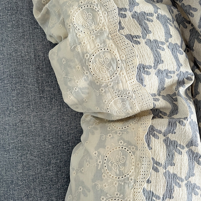 91家纺网 家纺一手货源 找家纺 梦纤绒 2025秋冬新品A类高克重亚麻复古全棉花边侘寂风原麻系列 兔宝宝-蓝