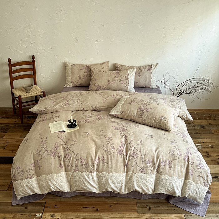 91家纺网 家纺一手货源 找家纺 梦纤绒 2025秋冬新品A类高克重亚麻复古全棉花边侘寂风原麻系列 晚香玉