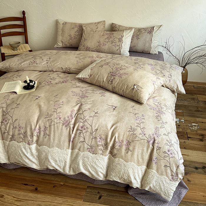 91家纺网 家纺一手货源 找家纺 梦纤绒 2025秋冬新品A类高克重亚麻复古全棉花边侘寂风原麻系列 晚香玉