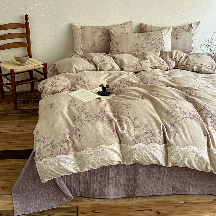 91家纺网 家纺一手货源 找家纺 梦纤绒 2025秋冬新品A类高克重亚麻复古全棉花边侘寂风原麻系列 晚香玉