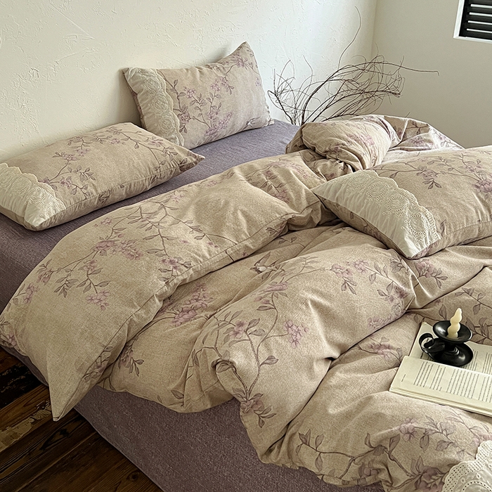 91家纺网 家纺一手货源 找家纺 梦纤绒 2025秋冬新品A类高克重亚麻复古全棉花边侘寂风原麻系列 晚香玉