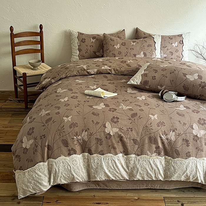 91家纺网 家纺一手货源 找家纺 梦纤绒 2025秋冬新品A类高克重亚麻复古全棉花边侘寂风原麻系列 晓梦