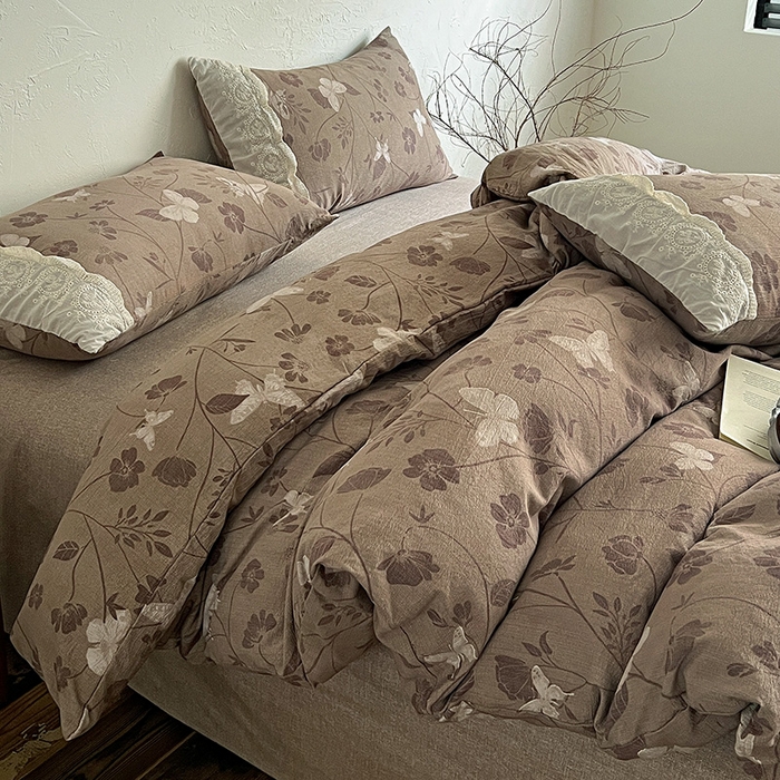 91家纺网 家纺一手货源 找家纺 梦纤绒 2025秋冬新品A类高克重亚麻复古全棉花边侘寂风原麻系列 晓梦