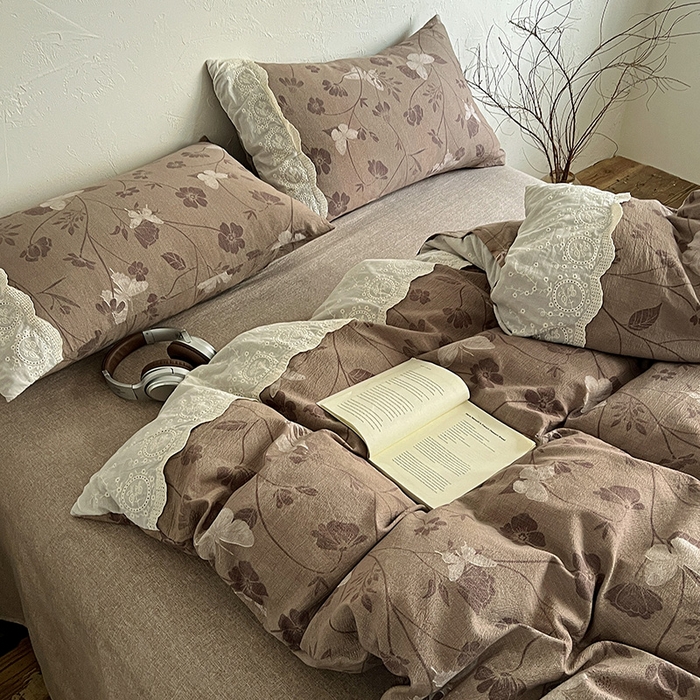 91家纺网 家纺一手货源 找家纺 梦纤绒 2025秋冬新品A类高克重亚麻复古全棉花边侘寂风原麻系列 晓梦