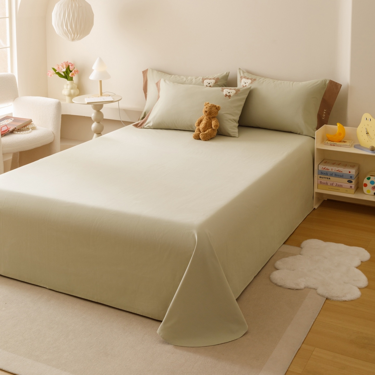 91家纺网 家纺一手货源 找家纺 艾莱家纺 2025新款A类新疆长绒棉纯棉加厚柔顺磨毛贴布绣四件套-奶芙 奶芙-锦绣绿