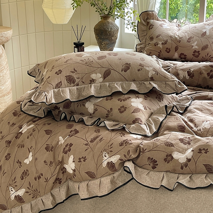 91家纺网 家纺一手货源 找家纺 宝士康家纺 2025新款原麻荷叶边四件套 秋风落叶