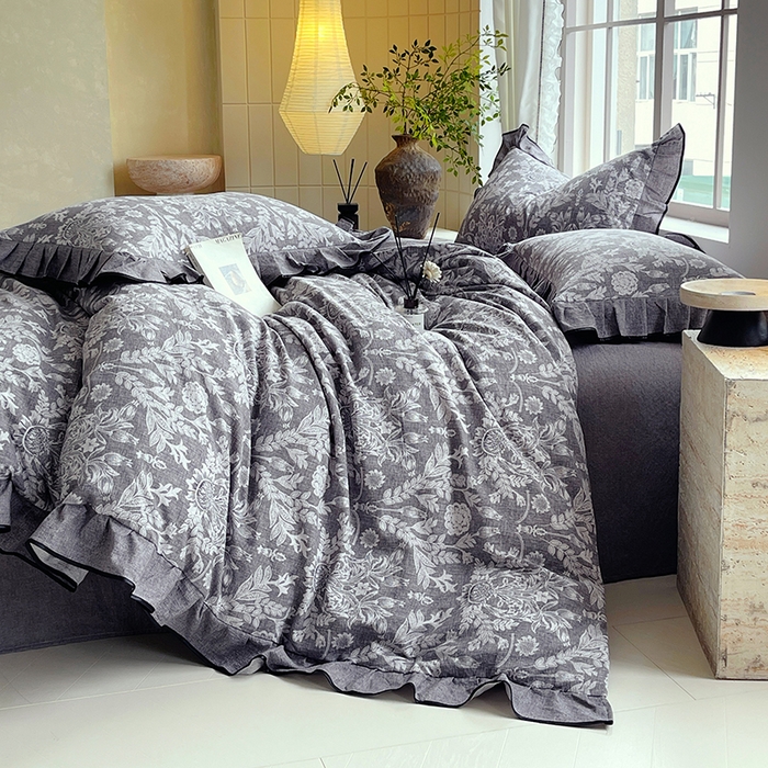 91家纺网 家纺一手货源 找家纺 宝士康家纺 2025新款原麻荷叶边四件套 人间草木