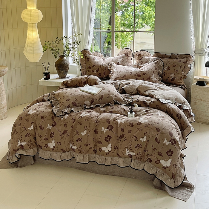 91家纺网 家纺一手货源 找家纺 宝士康家纺 2025新款原麻荷叶边四件套 秋风落叶