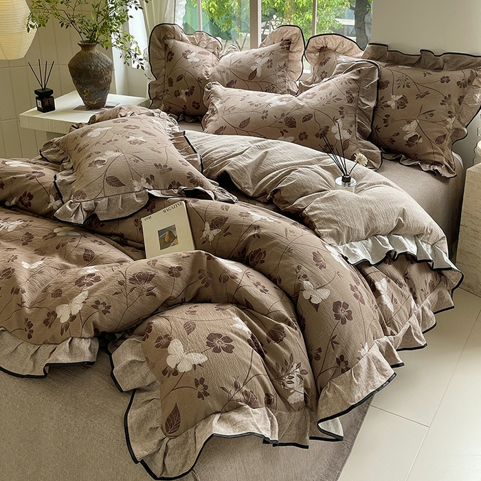 91家纺网 家纺一手货源 找家纺 宝士康家纺 2025新款原麻荷叶边四件套 秋风落叶