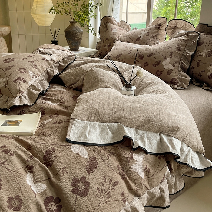 91家纺网 家纺一手货源 找家纺 宝士康家纺 2025新款原麻荷叶边四件套 秋风落叶