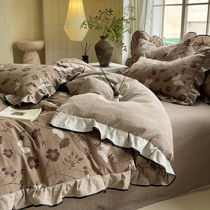 91家纺网 家纺一手货源 找家纺 宝士康家纺 2025新款原麻荷叶边四件套 秋风落叶