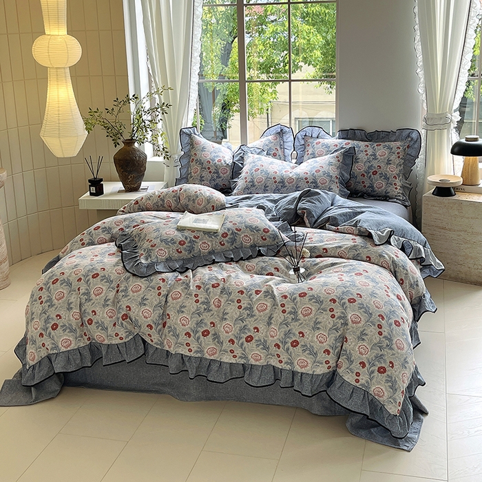 91家纺网 家纺一手货源 找家纺 宝士康家纺 2025新款原麻荷叶边四件套 繁华似锦