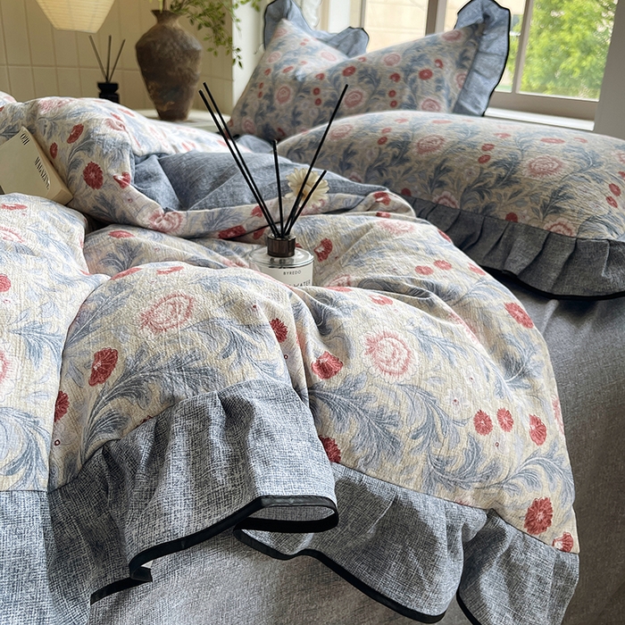 91家纺网 家纺一手货源 找家纺 宝士康家纺 2025新款原麻荷叶边四件套 繁华似锦