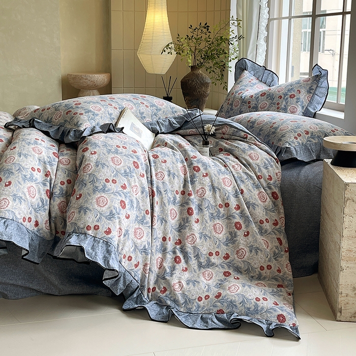 91家纺网 家纺一手货源 找家纺 宝士康家纺 2025新款原麻荷叶边四件套 繁华似锦