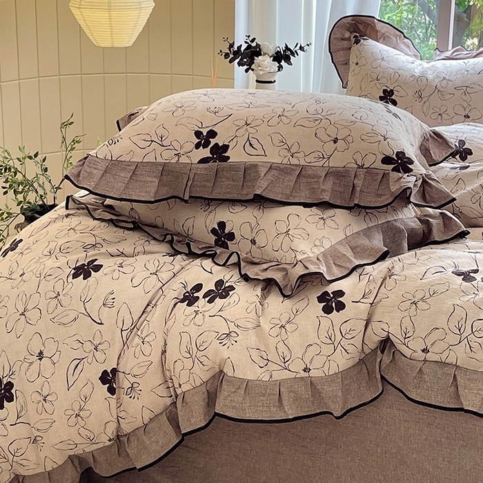 91家纺网 家纺一手货源 找家纺 宝士康家纺 2025新款原麻荷叶边四件套 朝花夕拾