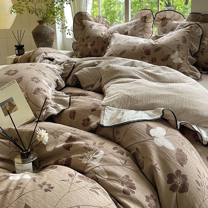 91家纺网 家纺一手货源 找家纺 宝士康家纺 2025新款原麻荷叶边四件套 秋风落叶