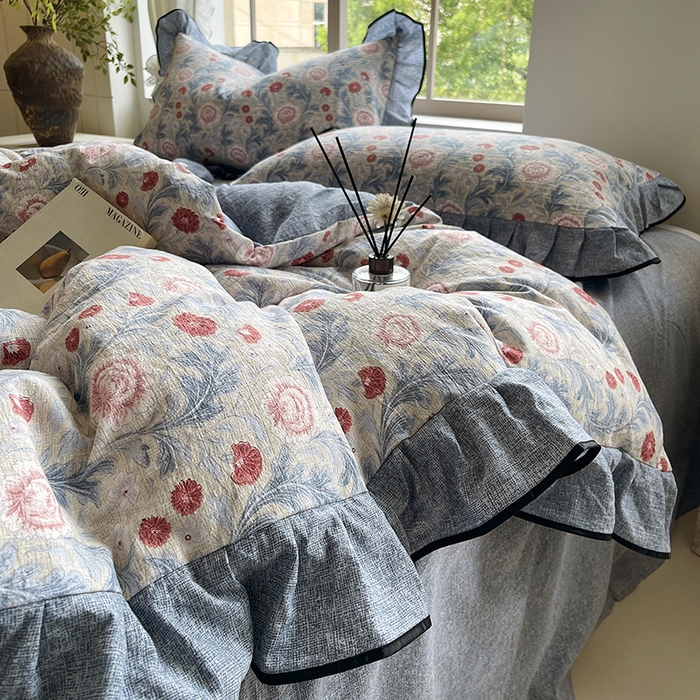 91家纺网 家纺一手货源 找家纺 宝士康家纺 2025新款原麻荷叶边四件套 繁华似锦