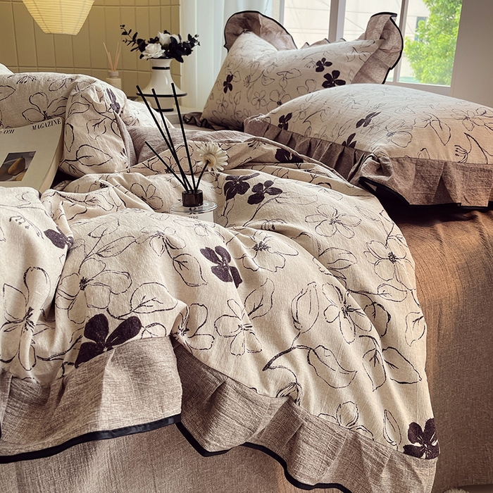 91家纺网 家纺一手货源 找家纺 宝士康家纺 2025新款原麻荷叶边四件套 朝花夕拾