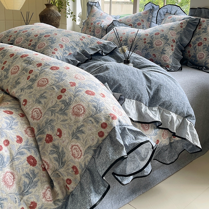 91家纺网 家纺一手货源 找家纺 宝士康家纺 2025新款原麻荷叶边四件套 繁华似锦