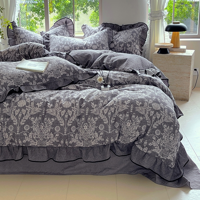 91家纺网 家纺一手货源 找家纺 宝士康家纺 2025新款原麻荷叶边四件套 人间草木