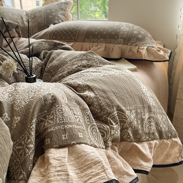 91家纺网 家纺一手货源 找家纺 宝士康家纺 2025新款原麻荷叶边四件套 墨染芳华