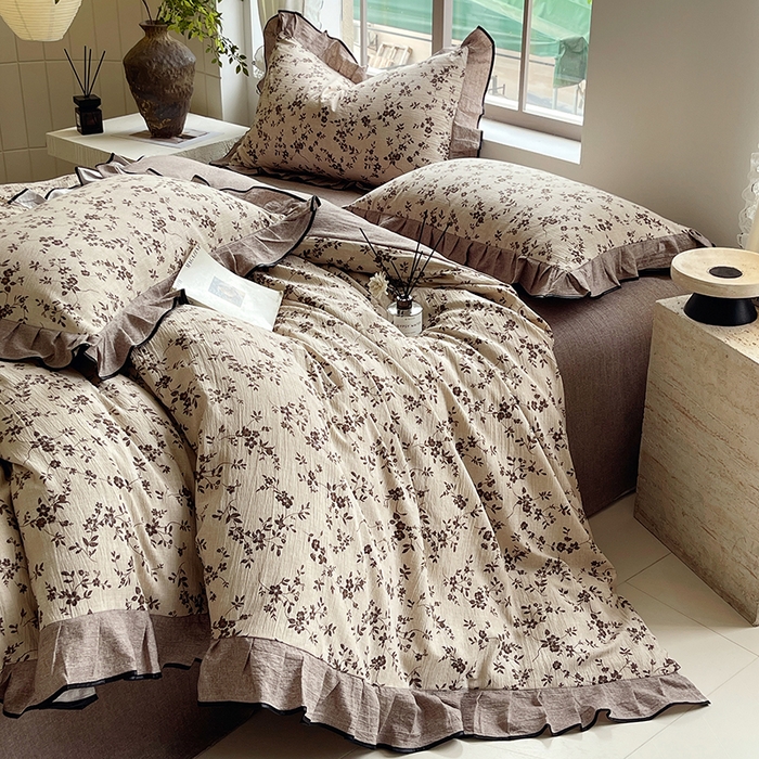 91家纺网 家纺一手货源 找家纺 宝士康家纺 2025新款原麻荷叶边四件套 花枝漫天