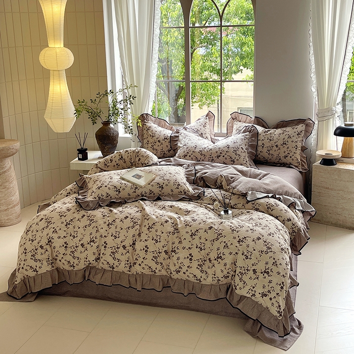 91家纺网 家纺一手货源 找家纺 宝士康家纺 2025新款原麻荷叶边四件套 花枝漫天