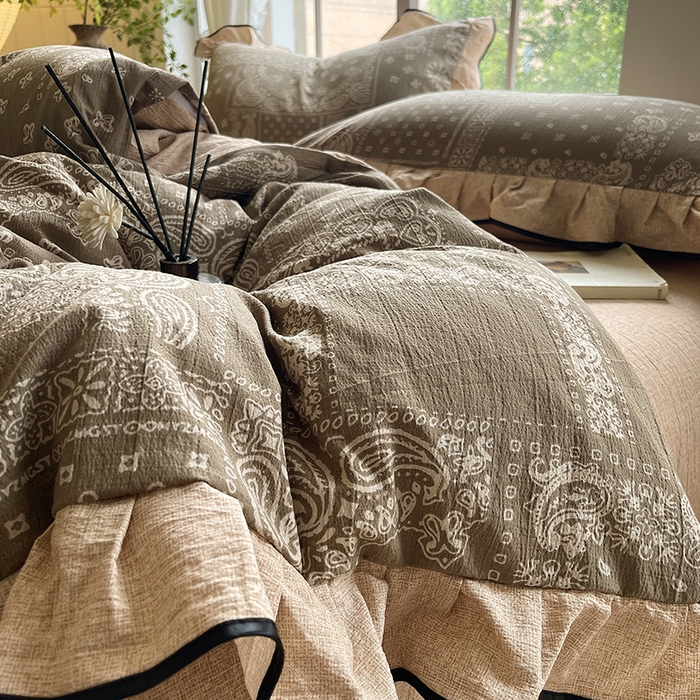 91家纺网 家纺一手货源 找家纺 宝士康家纺 2025新款原麻荷叶边四件套 墨染芳华