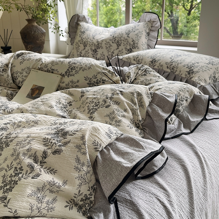 91家纺网 家纺一手货源 找家纺 宝士康家纺 2025新款原麻荷叶边四件套 灰色空间