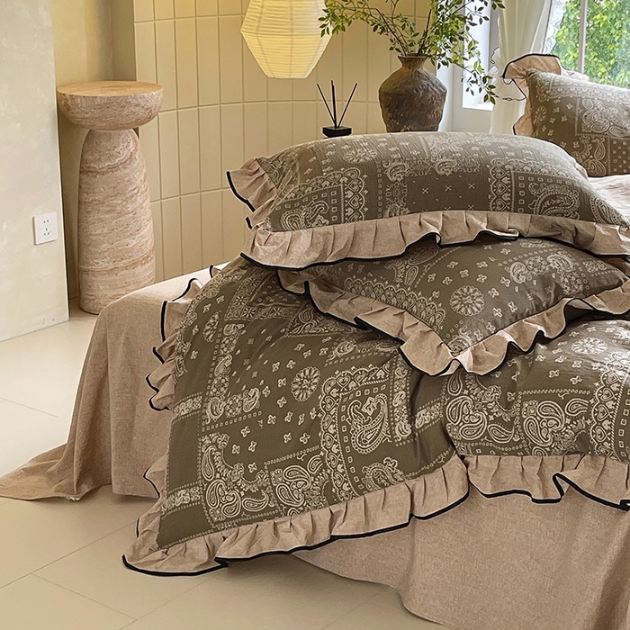 91家纺网 家纺一手货源 找家纺 宝士康家纺 2025新款原麻荷叶边四件套 墨染芳华