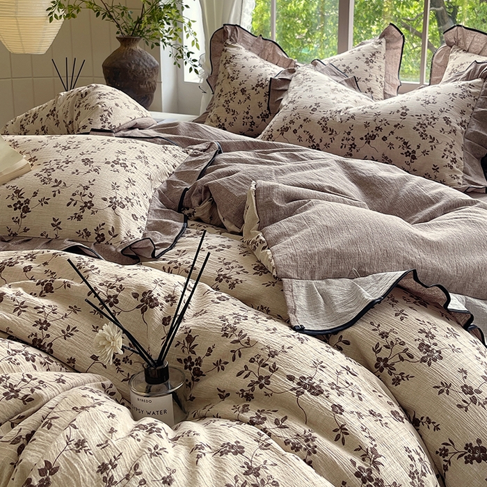 91家纺网 家纺一手货源 找家纺 宝士康家纺 2025新款原麻荷叶边四件套 花枝漫天