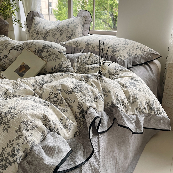 91家纺网 家纺一手货源 找家纺 宝士康家纺 2025新款原麻荷叶边四件套 灰色空间