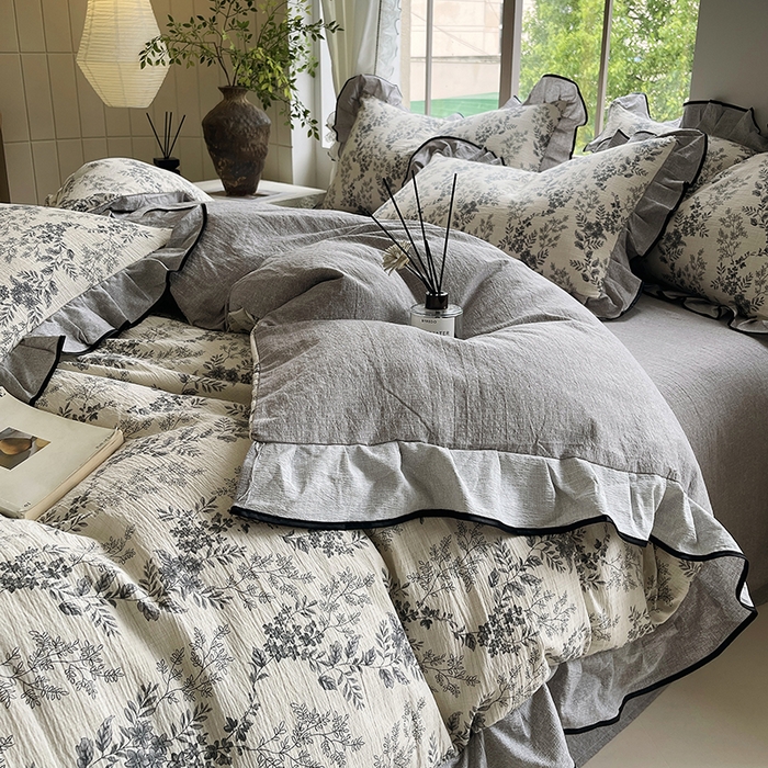 91家纺网 家纺一手货源 找家纺 宝士康家纺 2025新款原麻荷叶边四件套 灰色空间