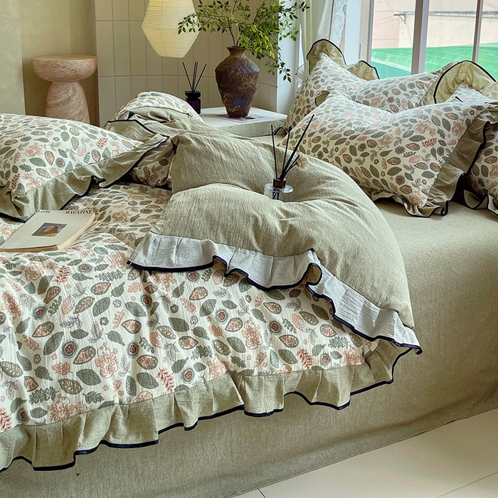 91家纺网 家纺一手货源 找家纺 宝士康家纺 2025新款原麻荷叶边四件套 绿野仙踪