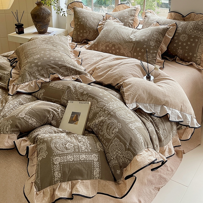 91家纺网 家纺一手货源 找家纺 宝士康家纺 2025新款原麻荷叶边四件套 墨染芳华