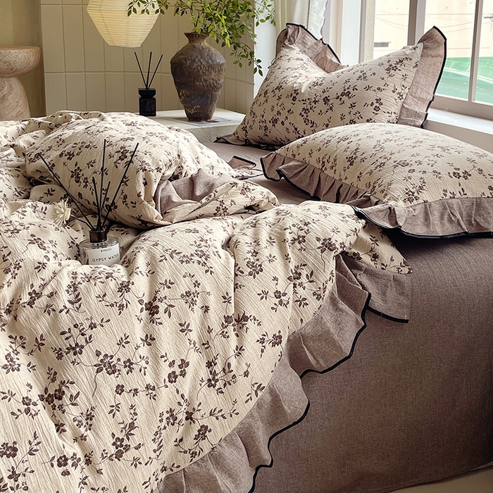 91家纺网 家纺一手货源 找家纺 宝士康家纺 2025新款原麻荷叶边四件套 花枝漫天