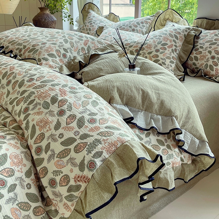 91家纺网 家纺一手货源 找家纺 宝士康家纺 2025新款原麻荷叶边四件套 绿野仙踪