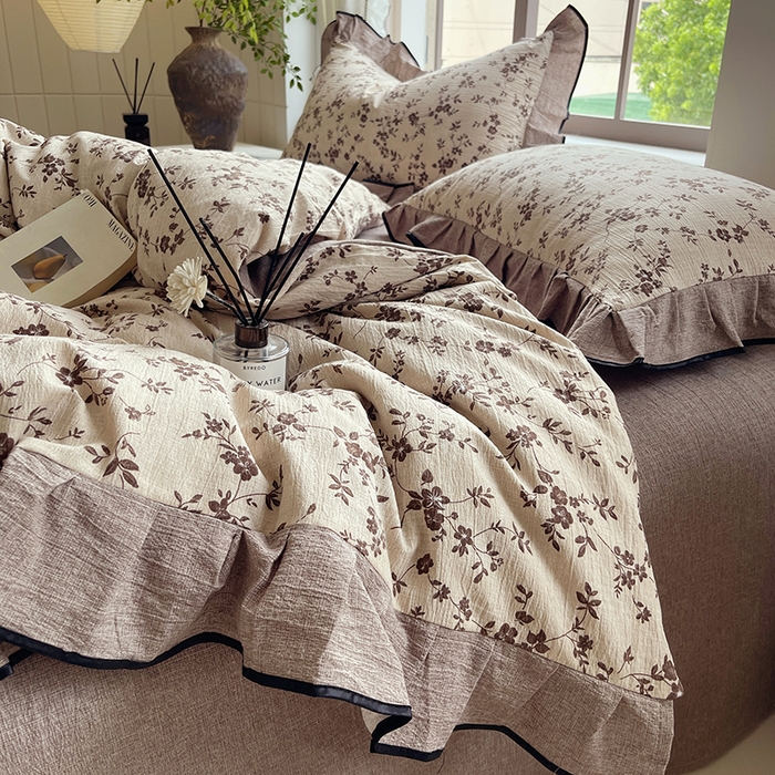 91家纺网 家纺一手货源 找家纺 宝士康家纺 2025新款原麻荷叶边四件套 花枝漫天