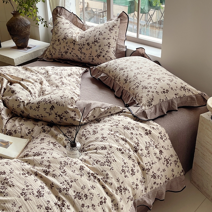 91家纺网 家纺一手货源 找家纺 宝士康家纺 2025新款原麻荷叶边四件套 花枝漫天